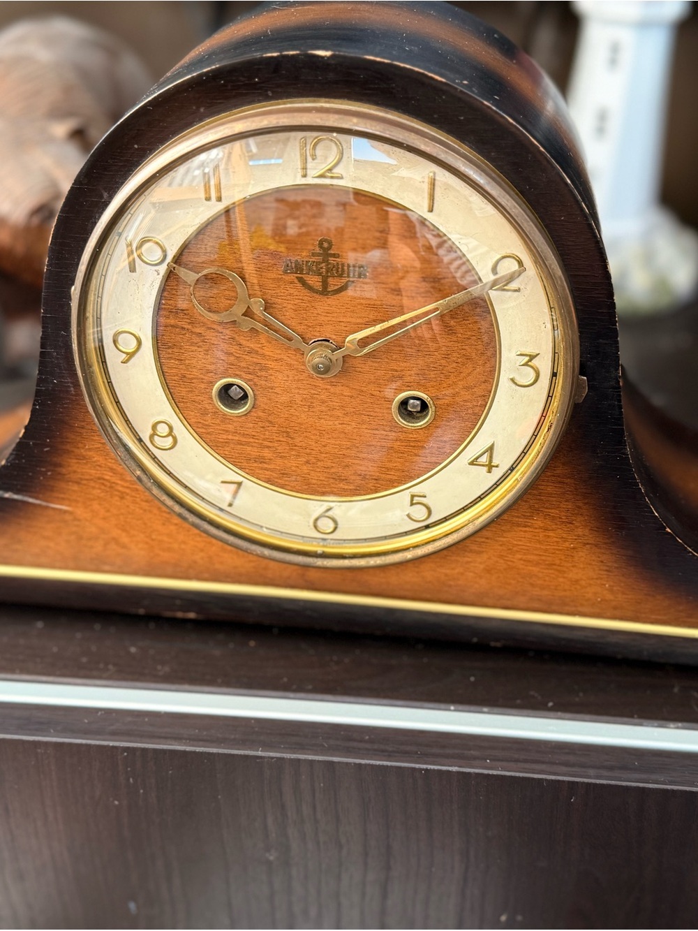 Antique- German Wooden Mantel Clock - Brown and Gold Finish